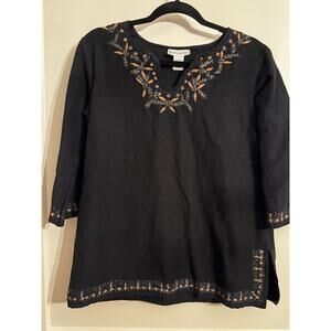 Vintage American Flirt 3/4 Sleeve Black Tunic Shirt V-Neck Womens Top Sz L Y2K